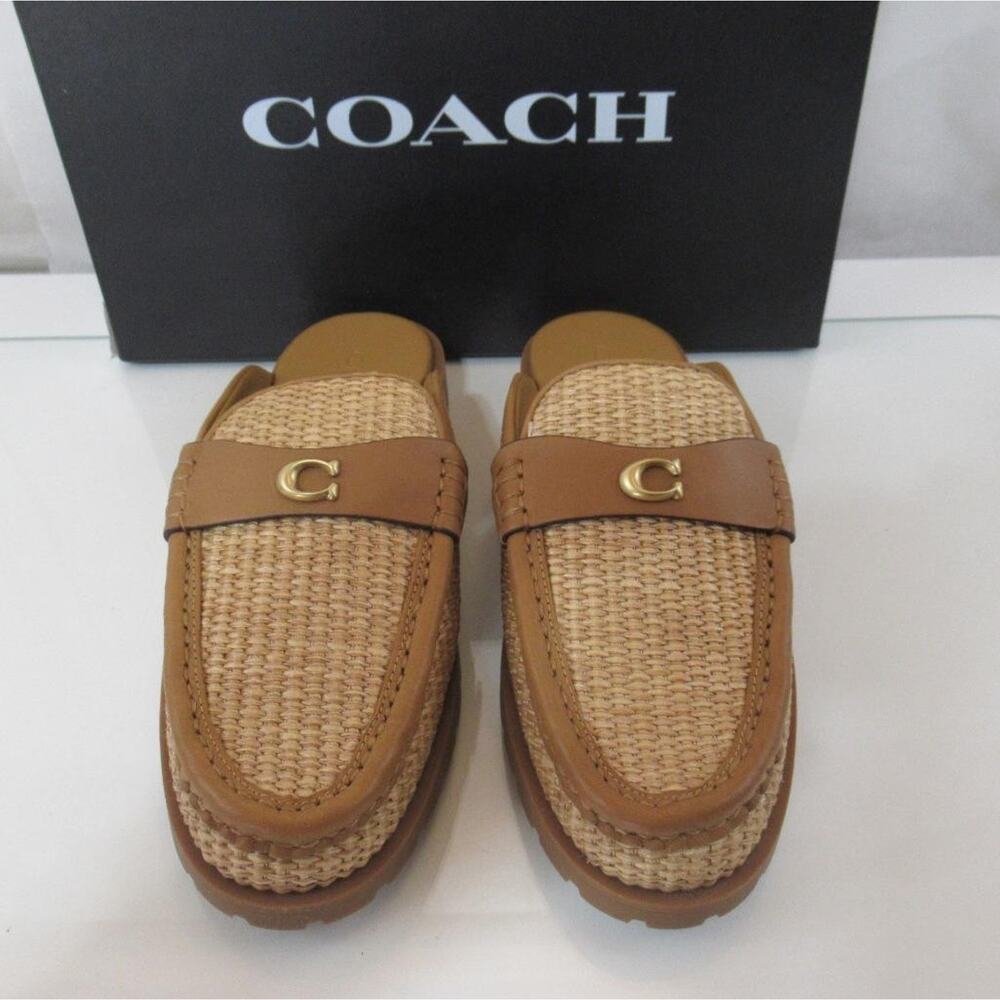 Women's Coach Jocelyn Straw Backless Loafer Sandal Mule Flats Natural - Picture 4 of 7